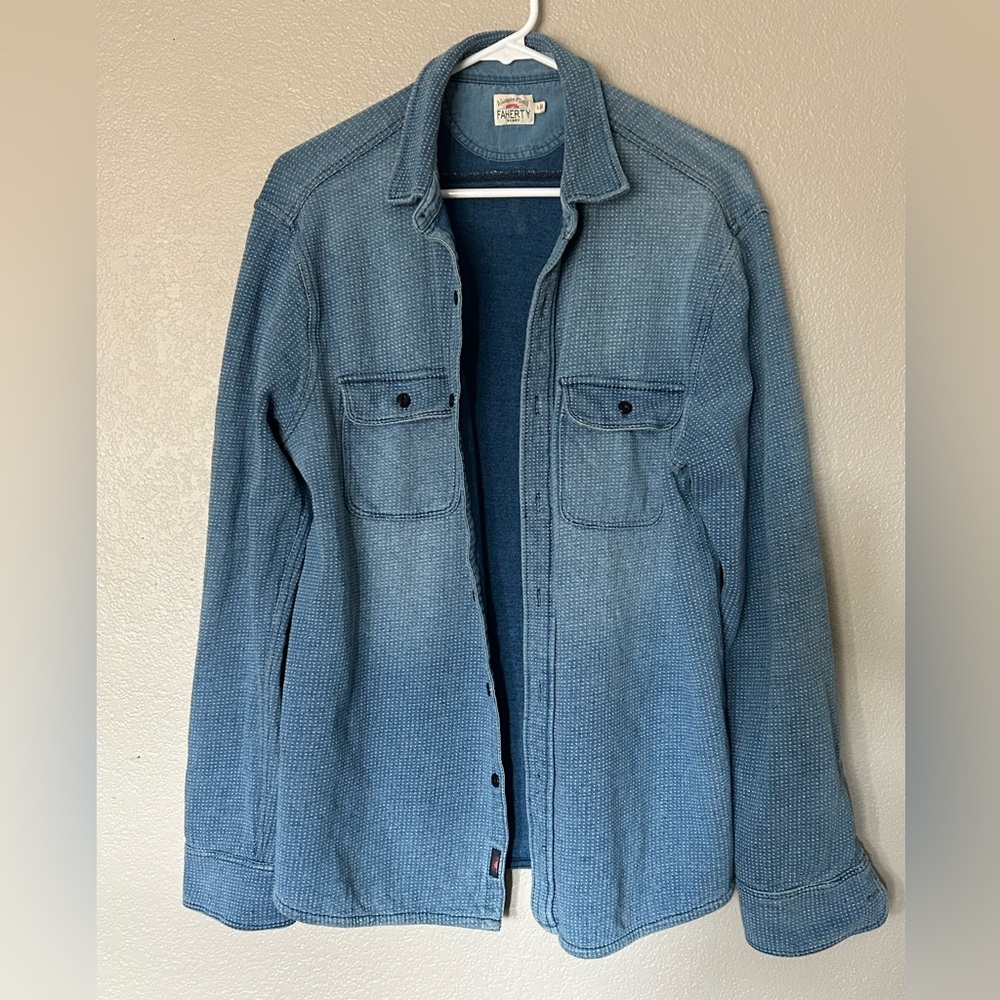 Faherty Men's Legend Long Sleeve Button Down Blue Textured Shirt Sz L